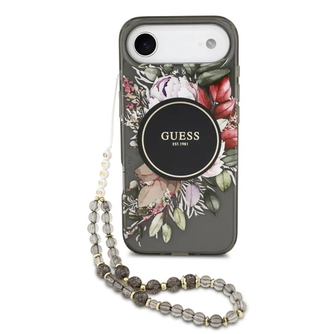 Guess iPhone Air Backcover hoesje - Magsafe - IML Flowers with Pearl Strap - Zwart