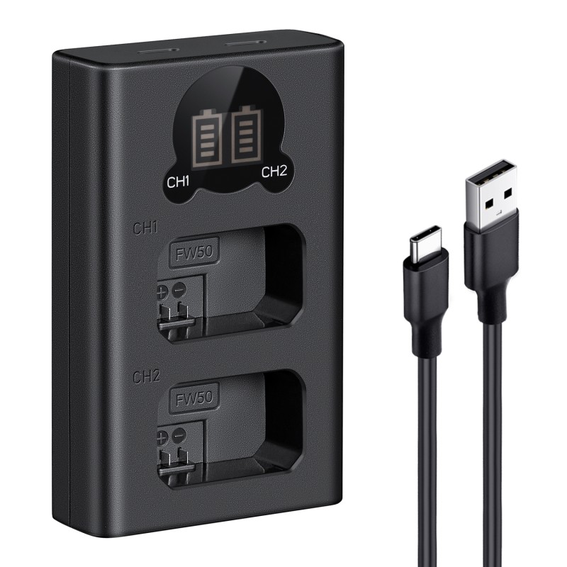 K&F Concept NP-FW50 dual batterij-oplader met USB-C en display