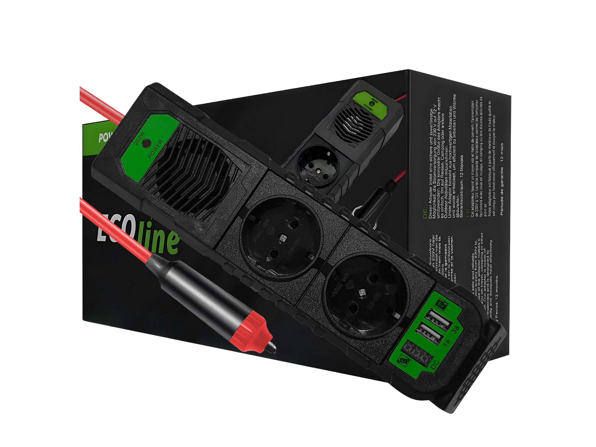 EcoLine - Auto Omvormer 12V Naar 220V/230V - 200W stekkerdoos / stopcontact voor in de auto met 2x USB