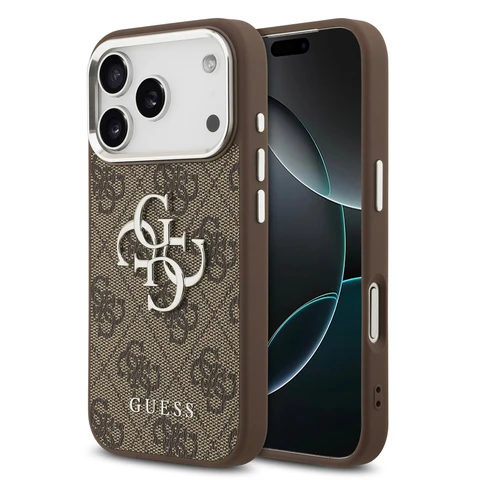 Guess iPhone 17 Pro Backcover hoesje - 4G - Big Metal Logo - Silver Edge - Bruin