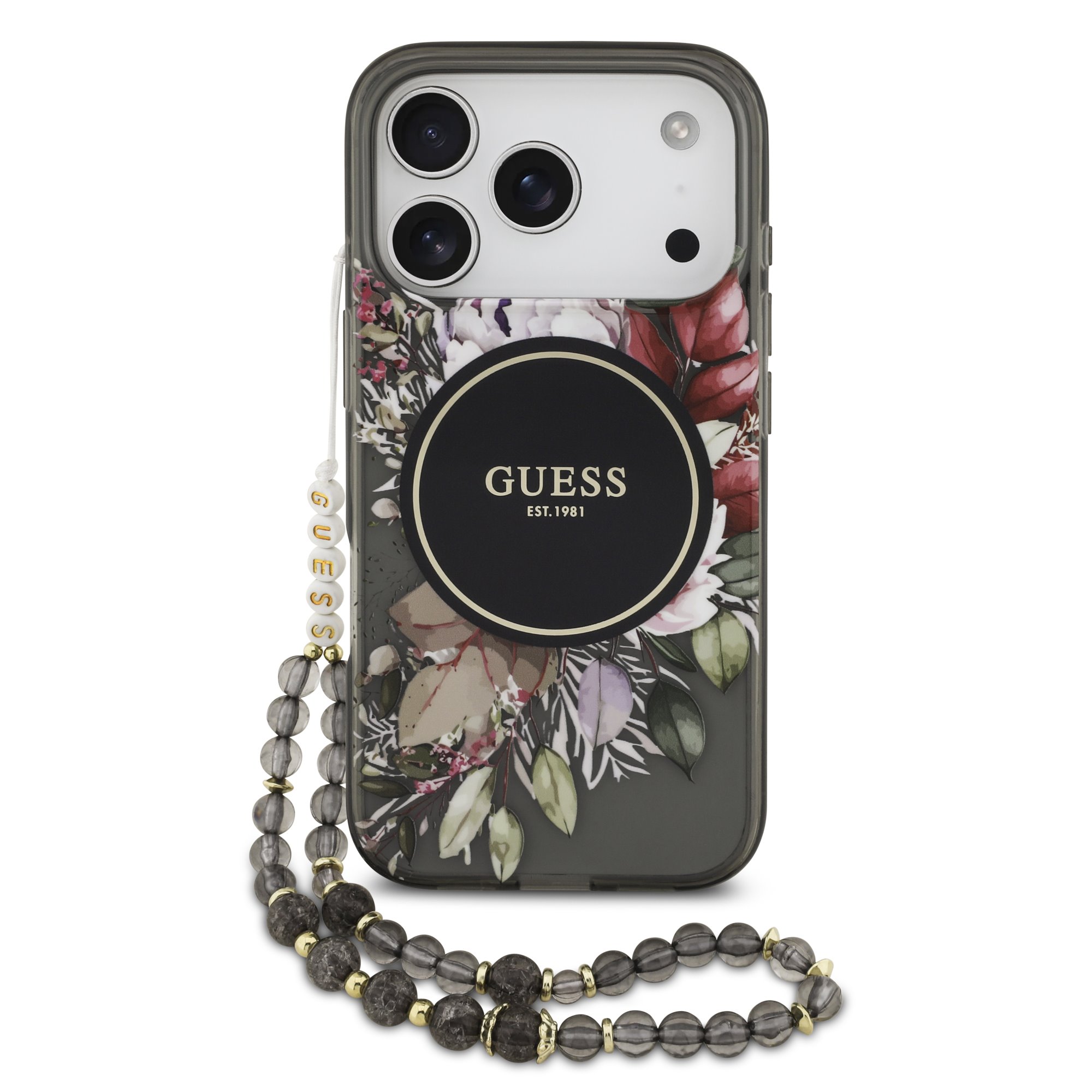 Guess IML Flowers iPhone 17 Pro / 18 Pro hoesje - Met MagSafe en Koord - Zwart