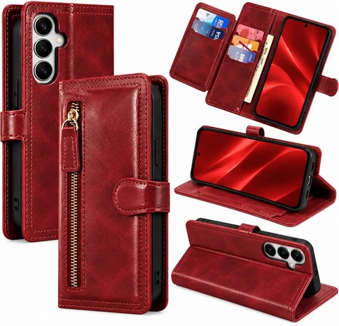 Bookcase Geschikt voor: Samsung Galaxy A17 - Portemonnee hoesje met ritssluiting en magnetische sluiting -5 pasjes - Rood