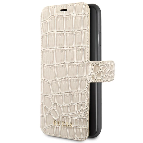 Guess Beige hoesje iPhone X-Xs - Book Case - Echt leer - GUFLBKSPXCSCROBE