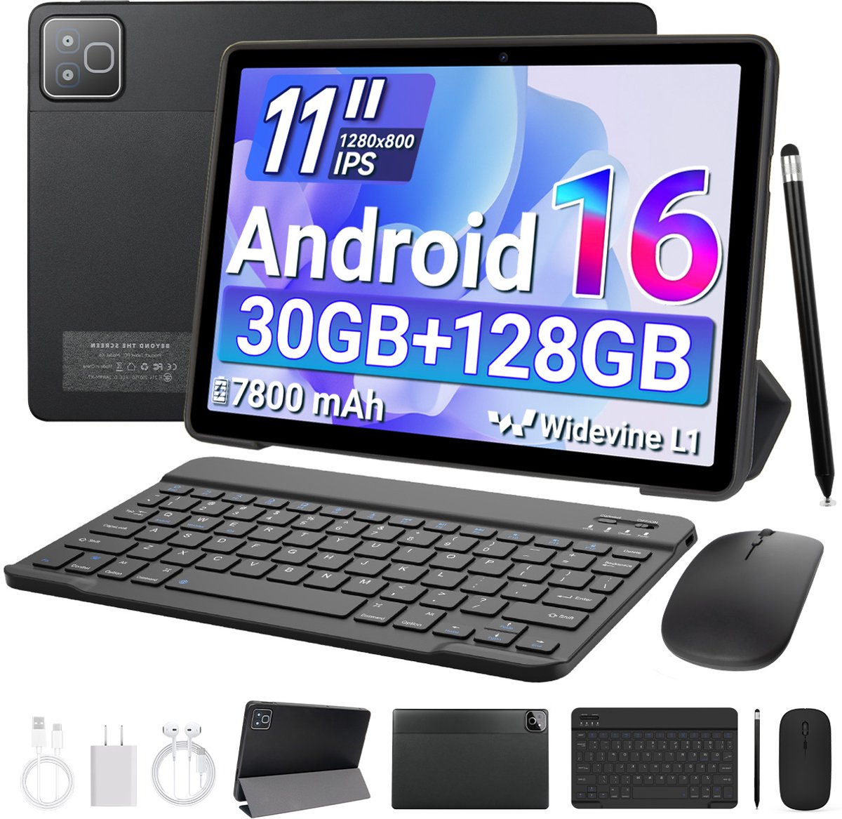 11 inch Tablet – Android 16 –27GB RAM-128GB opslag – 7800 mAh batterij – WiFi 6 – Tablet met Toetsenbord, Muis & Pen, Hoesje - Zwart