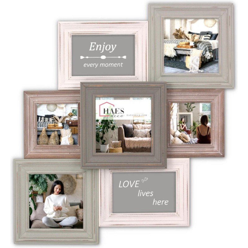 Haes Deco Houten Galerie / Multi Fotolijst Grenoble in vintage kleuren grijs, bruin en wit voor 7 foto's (formaat 52,5 x 48,5 cm) - MP103