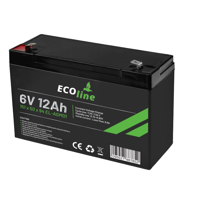 EcoLine - AGM 6V 12AH - 12000mAh VRLA Batterij - 151 x 50 x 94 - Deep Cycle Accu