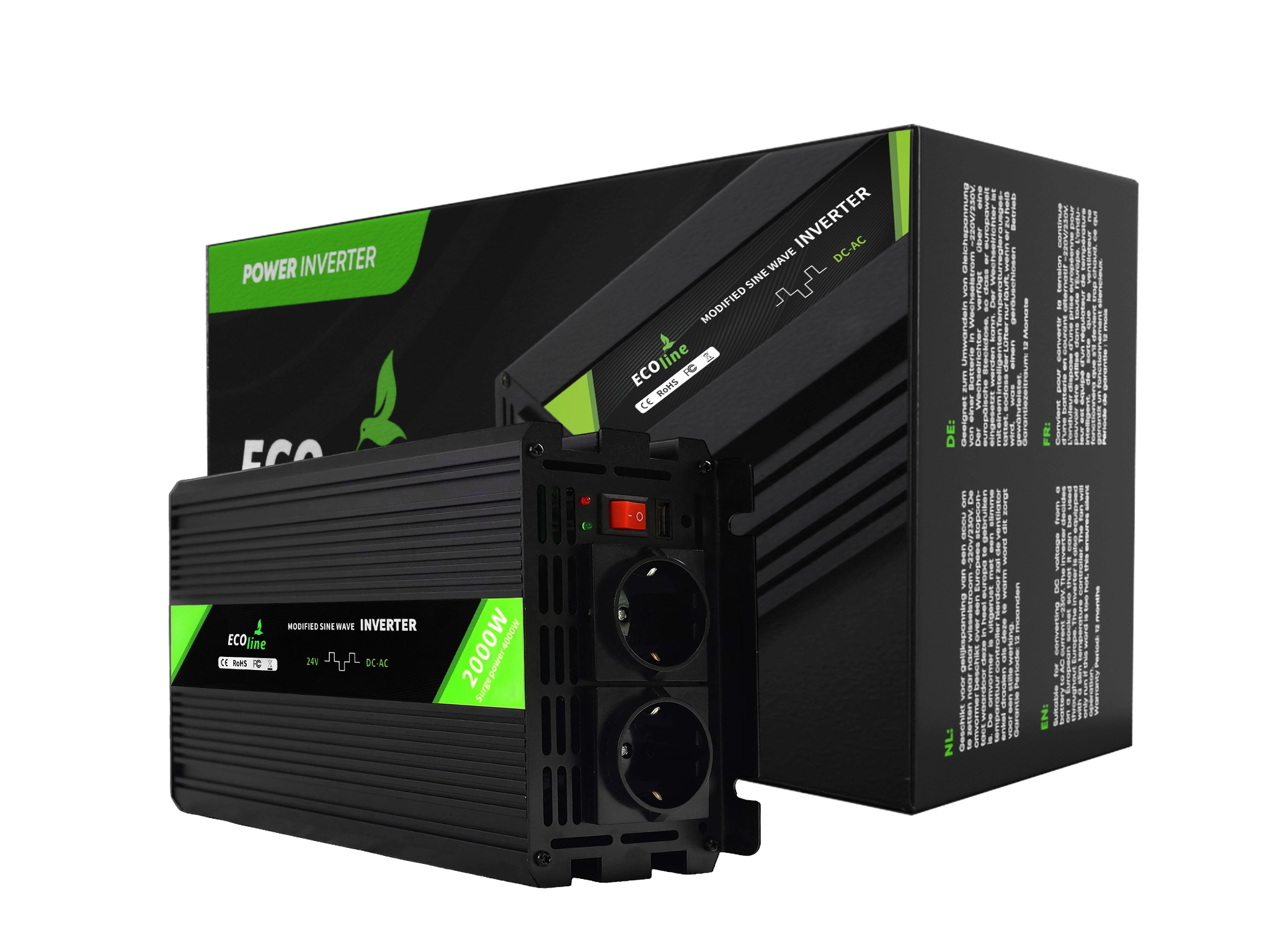 EcoLine - Omvormer 24V Naar 220V/230V - 2000w Vermogen - Gemodificeerde sinus - Spanningomvormer