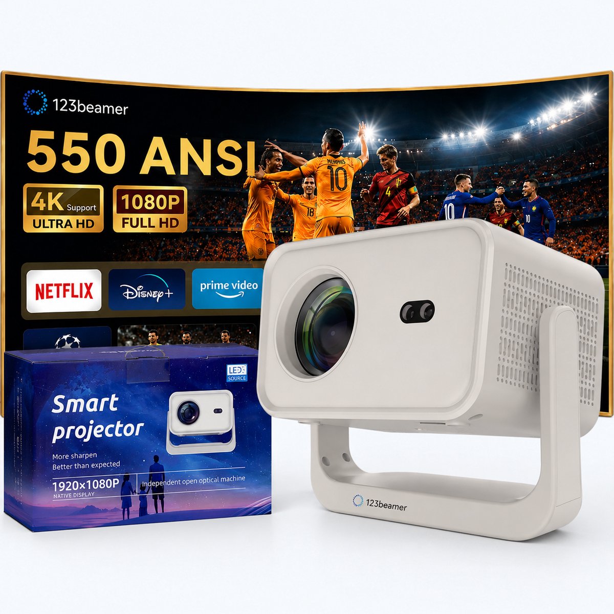 123Beamer - A3 - Prjoector - 10.000 Lumen - Full hd 4K - Android 13