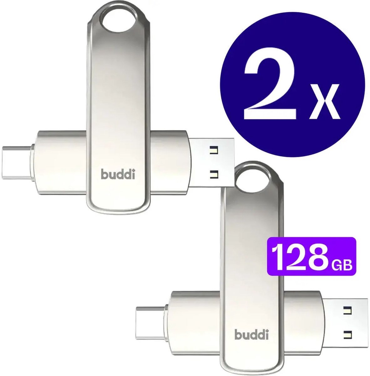 2-Pack Buddi USB-C Stick 128GB | USB C en USB A | Dual Geheugenstick | USB 3.1 | Plug & Play | Universeel | Geschikt voor smartphones, tablets, PC en meer | Extra opslagruimte | Grijs