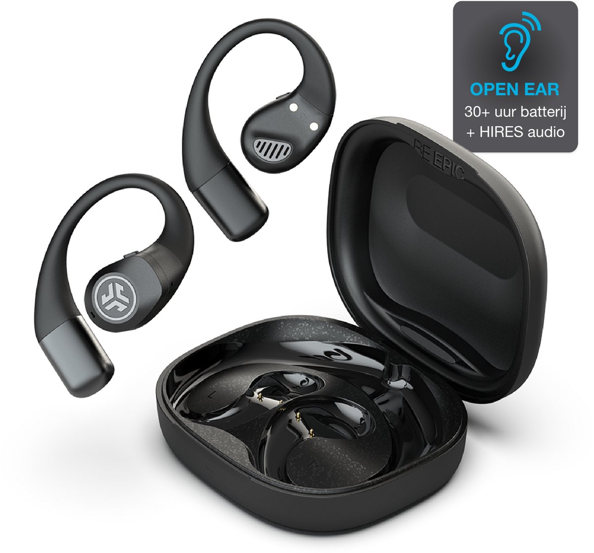 JLab Epic Open Sport Draadloze Oordopjes - Sport Oortjes Draadloos - Open Ear - 30 uur Batterijduur - IP55 Zweetbestendig - HiRes Audio - Google Fast Pair - Zwart