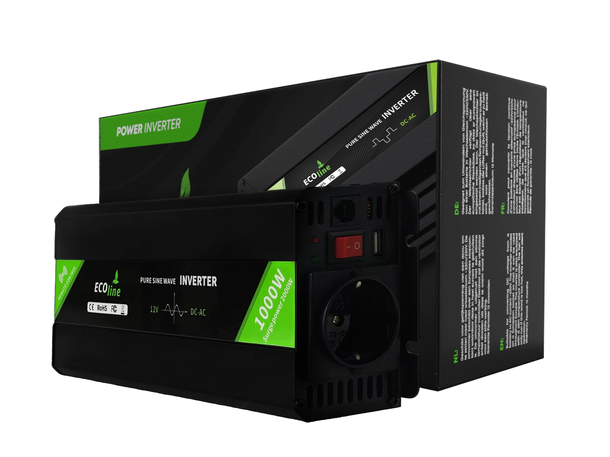 EcoLine - 12V naar 220V/230V Omvormer - 1000W Zuivere Sinus - Auto Omvormer met Afstandsbediening