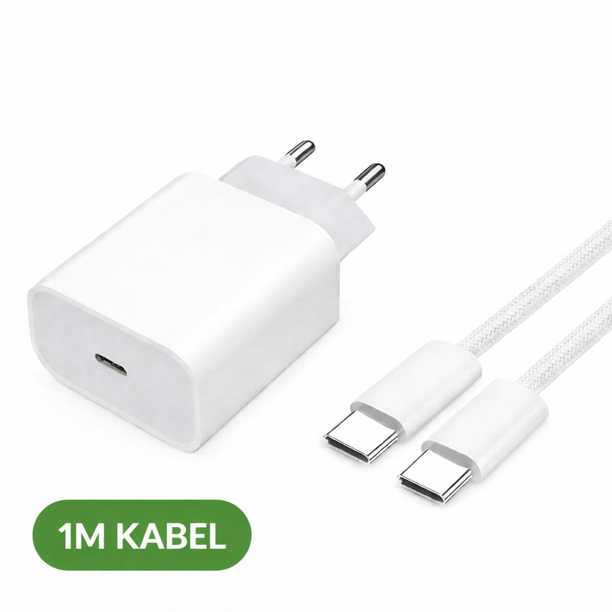 Oplader met USB-C aansluiting Set 25W - Snellader - Inclusief USB-C naar USB-C kabel 1 meter - Oplader - Adapter - Lader - Oplader Set - Geschikt voor Apple iPhone 15 16 17 iPad - Fast - Charger - Cable - Braided - Tablet - Pro - Plus - Opladers