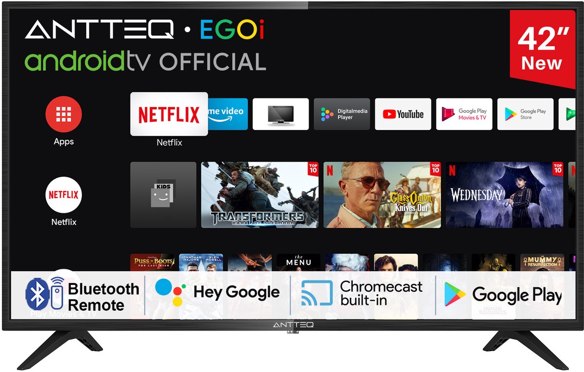 ANTTEQ AG42F3 – 42 Inch Smart TV (106 cm) – Full HD Android TV – Google Assistant – Bluetooth – Ingebouwde Chromecast