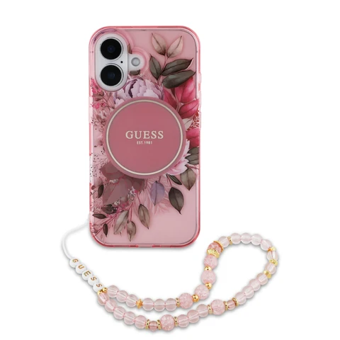 Guess iPhone 16 Backcover hoesje Magsafe IML Flowers with pearl strap - Roze