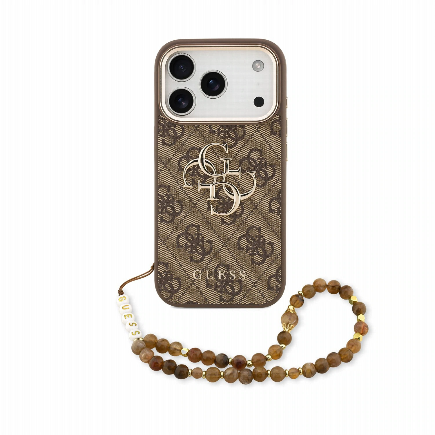 Guess PU 4G Metal Logo Strap backcover voor iPhone 17 Pro en iPhone 18 Pro - Bruin