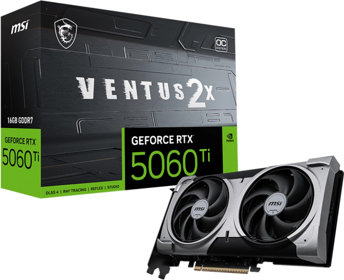 MSI NVIDIA GeForce RTX 5060 Ti 16G VENTUS 2X OC PLUS - 16GB - GDDR7 - PCIe 5.0 - 1x HDMI 2.1b - 3x DisplayPort 2.1a