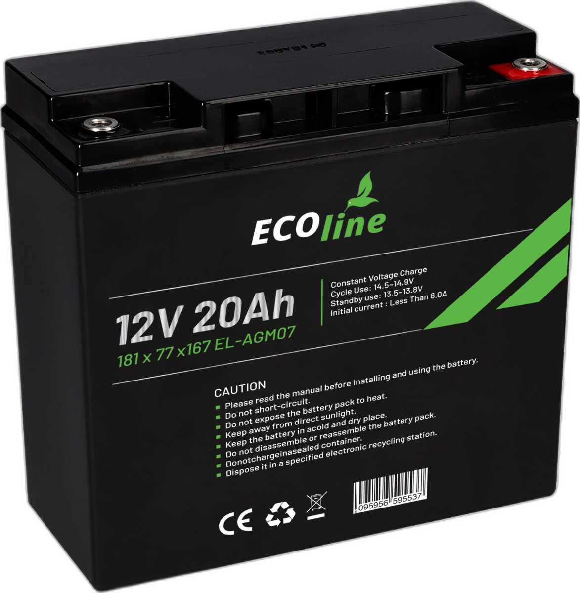EcoLine - AGM 12V 20AH 20000mAh VRLA Batterij - 181 x 77 x167 - Deep Cycle Accu