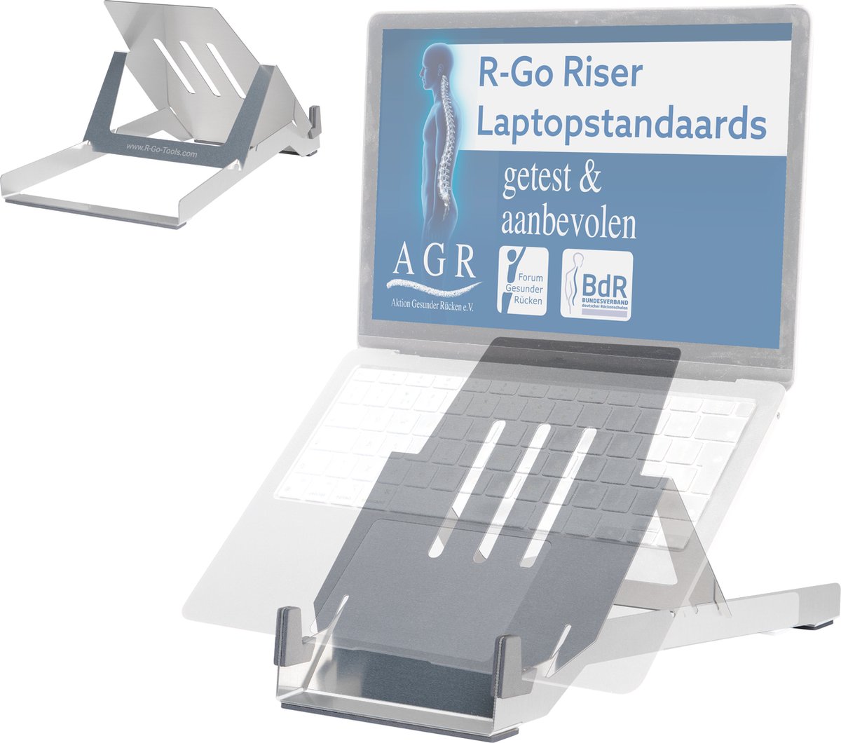 R-Go Riser Basic Laptopstandaard - Ergonomisch - Opvouwbare - Verstelbare - AGR-gecertificeerd - Aluminium - 10-22 inch - Zilver