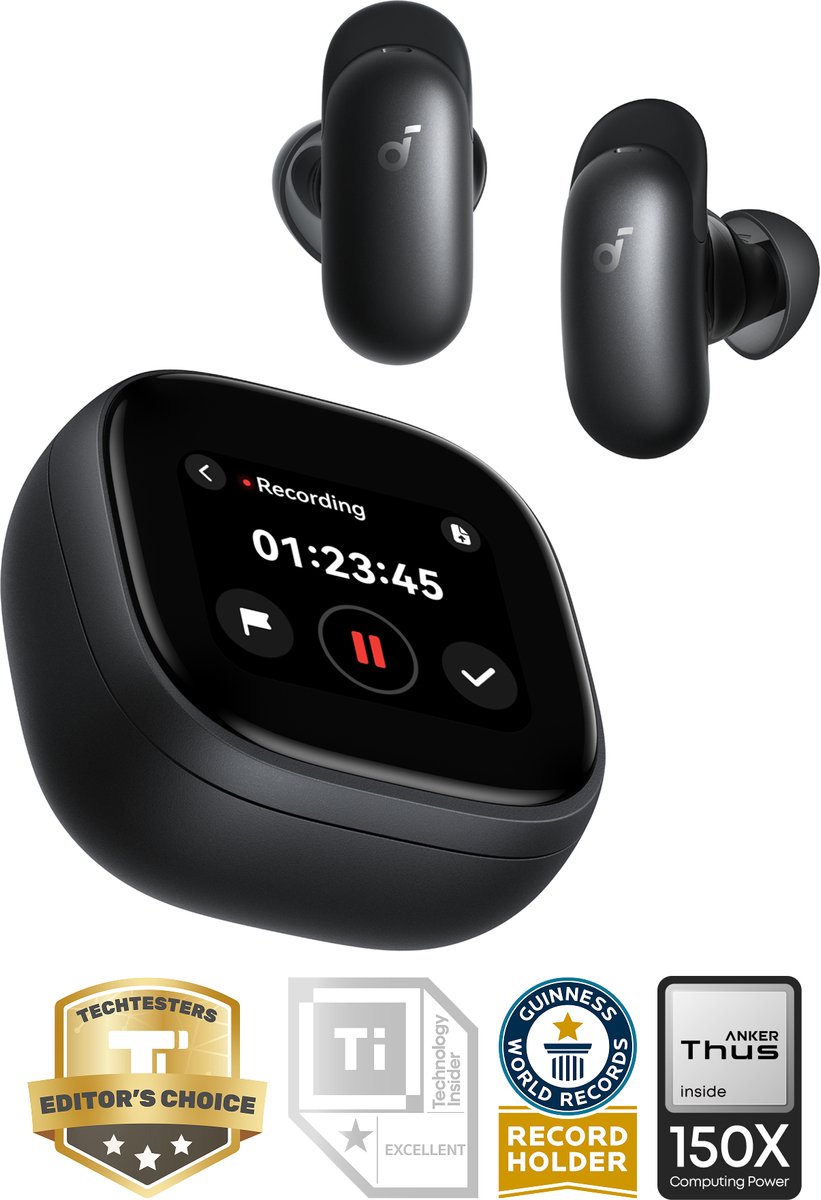 soundcore Liberty 5 Pro Max by Anker - Anker Thus Al Chip - AI Note-Taker - Kristalheldere Gesprekken - Noise Cancelling Oordopjes - 1.78" AMOLED Display - ANC Met 6 - 5 U/28 U Speeltijd - Al Vergadertranscriptie - Zwart