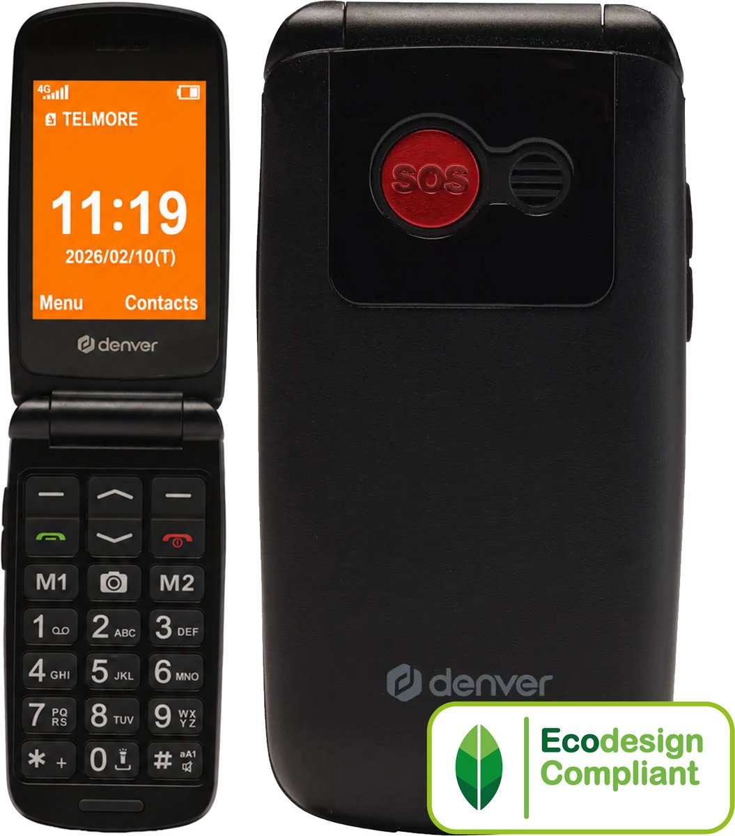 Denver Senioren Mobiele Telefoon 4G - Grote Toetsen - SOS knop - Oplaadstation - GSM - Bluetooth - FM Radio - Model 2026 - 32GB - BAS24800L - Zwart