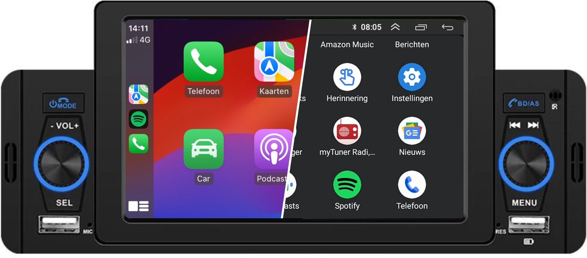 1-Din autoradio met CarPlay & Android Auto | 5 INCH Touchscreen | Bluetooth & USB | Inclusief Achteruitrijcamera