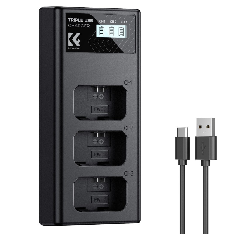 K&F Concept NP-FW50 triple batterij-oplader met USB-C en LCD-display voor Sony camera's