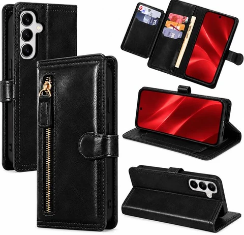 Bookcase Geschikt voor: Samsung Galaxy S26 - Portemonnee hoesje met ritssluiting en magnetische sluiting -5 pasjes - Zwart