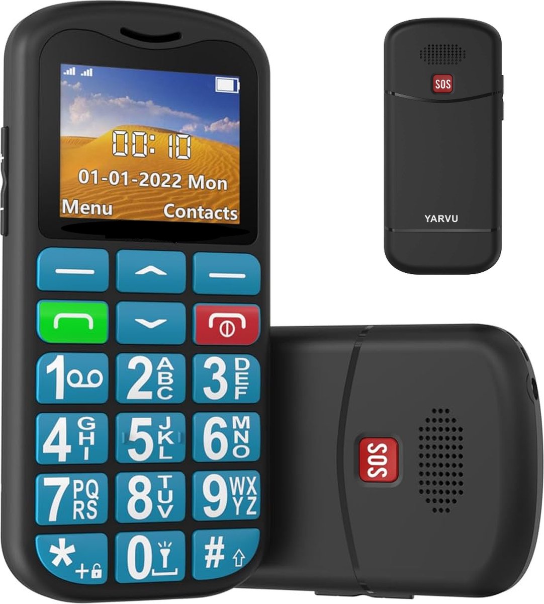 Yarvu ® - Easy - 4G Senioren Mobiele Telefoon + Extra Accu Geleverd - Grote Toetsen & Cijfers - Big Button Mobiel - GSM Ouderen - GSM - SOS Noodknop - Snelkiestoetsen - Blauw