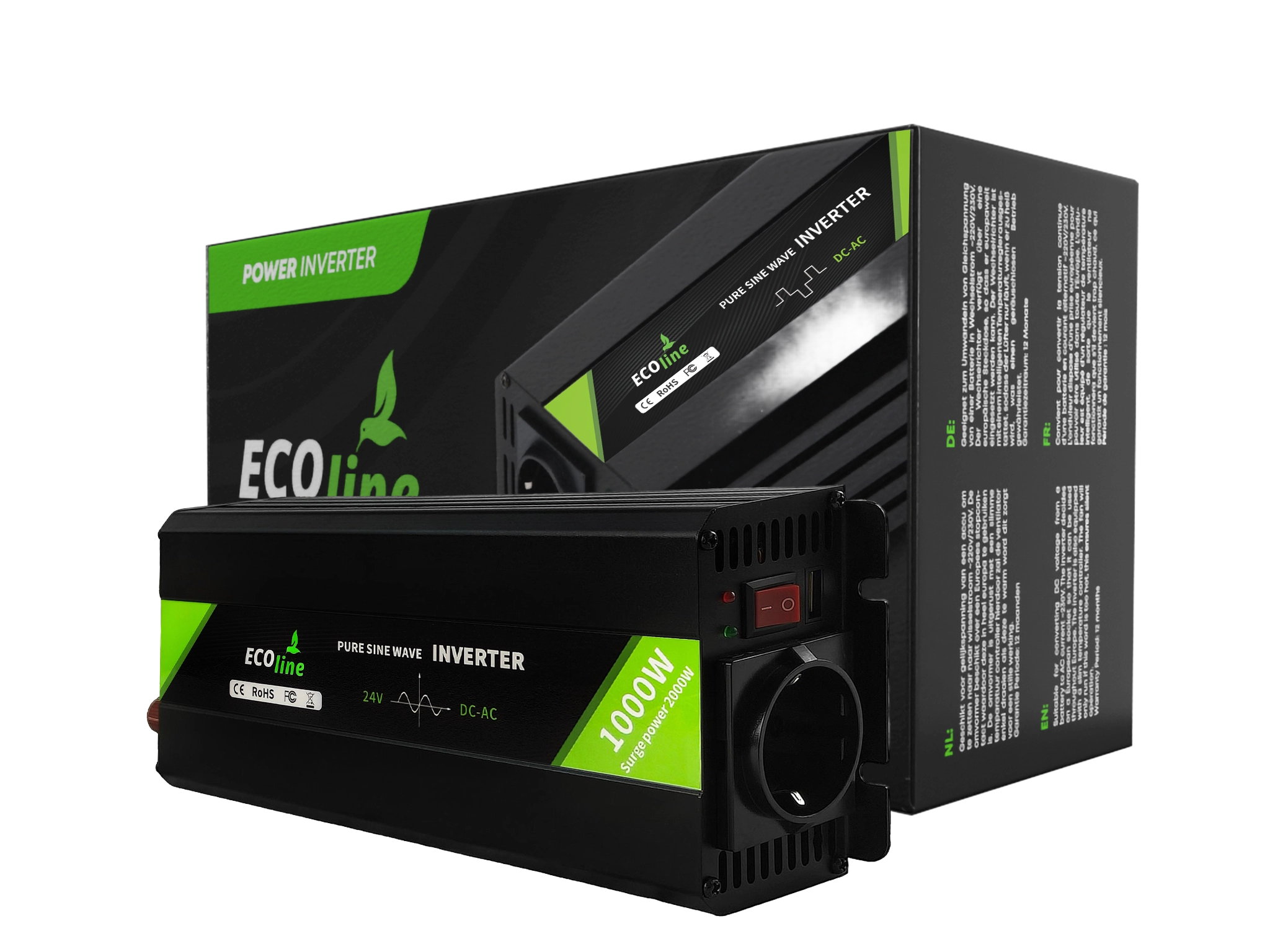 EcoLine 24V naar 230V Omvormer - 1000W Continu / 2000W Piek - Zuivere Sinusgolf - Spanningsomvormer voor Auto, Camper en Caravan