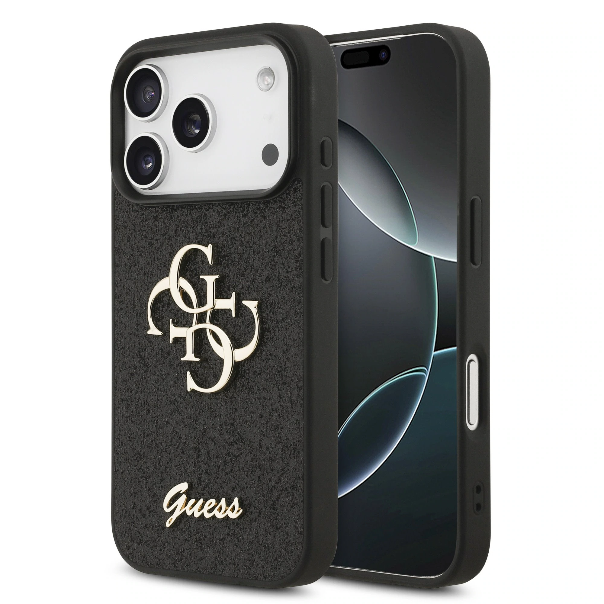Guess PU Glitter 4G Metal Logo iPhone 17 Pro / 18 Pro Hoesje - Zwart