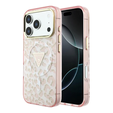 Guess iPhone 18 Pro Backcover hoesje - HC Magsafe IML Leopard Glitter Triangle Logo - Roze
