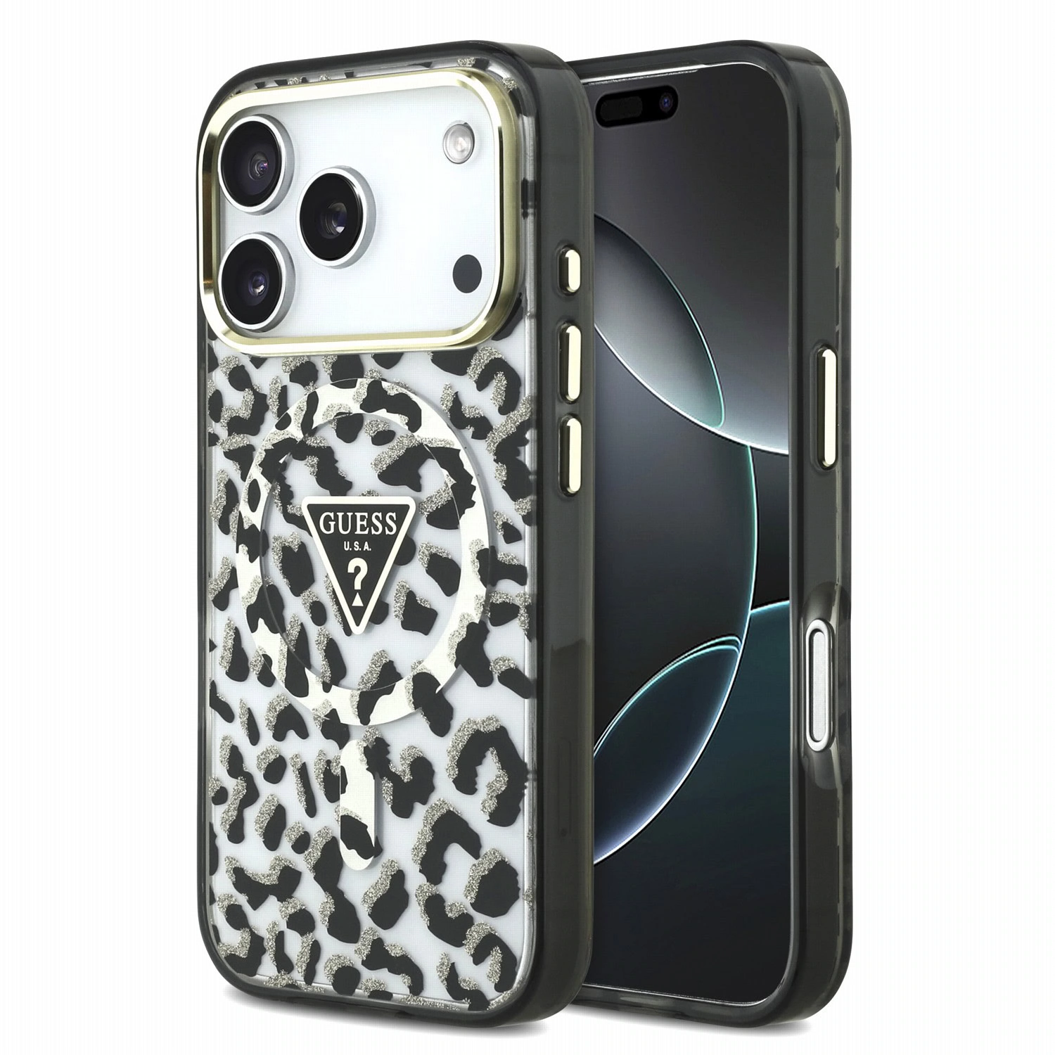 Guess IML Glitter Leopard Triangle Logo MagSafe hoesje voor iPhone 17 Pro Max en iPhone 18 Pro Max - zwart