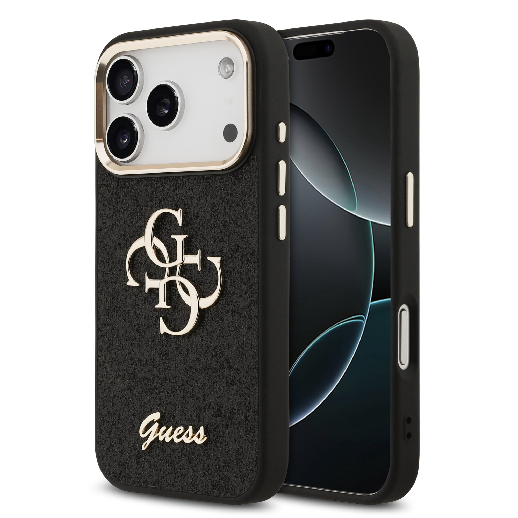 Guess PU Fixed Glitter 4G Metal Frame Hoesje iPhone 17 Pro / 18 Pro - Zwart
