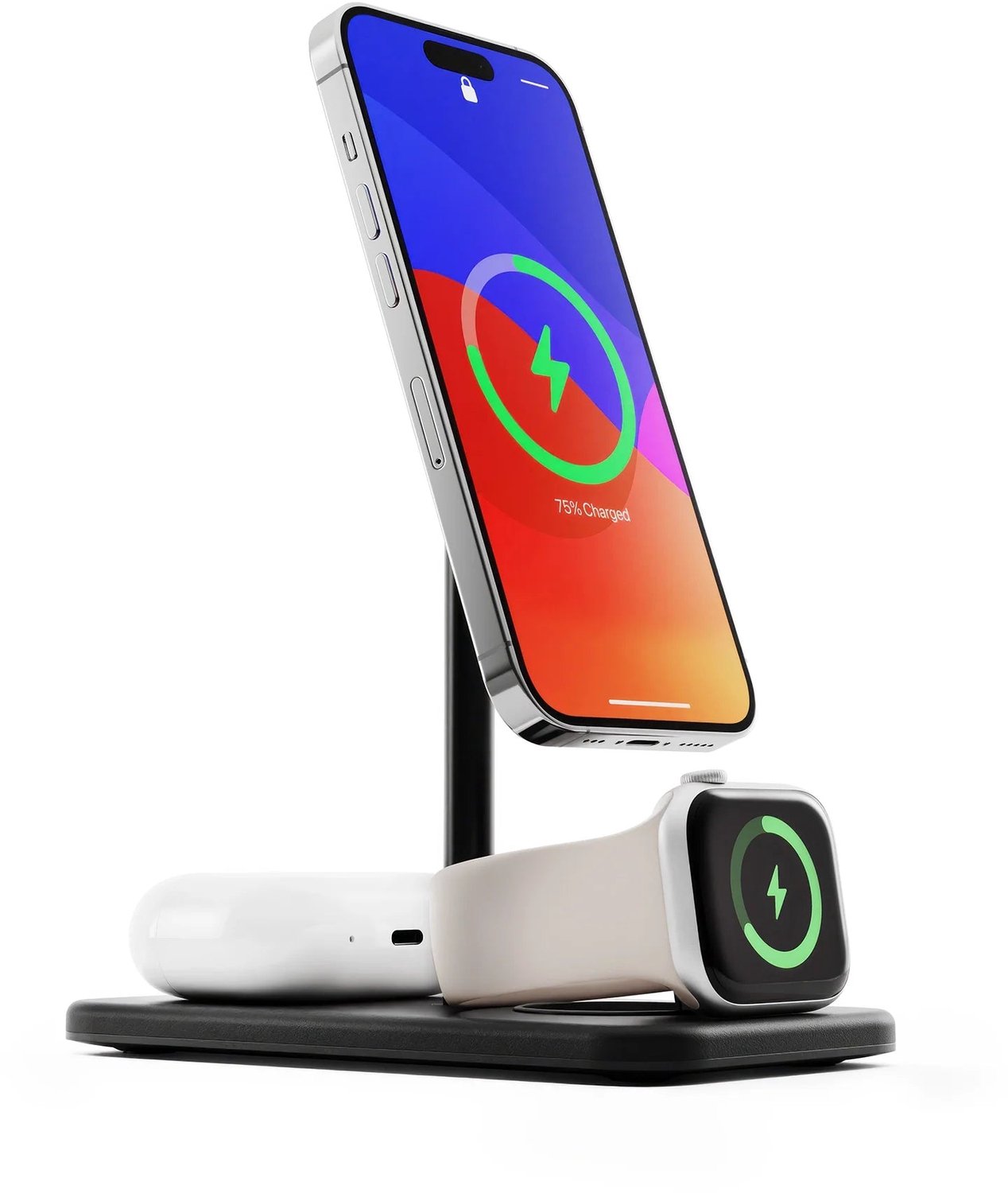 Twelve South HiRise 3 Deluxe Draadloze 3-in-1 Oplader – 15W iPhone opladen – 7,5W Apple Watch/AirPods opladen – Incl. kabel + 36W USB-C lader – Incl. US, UK, EU, AU-adapters - Zwart