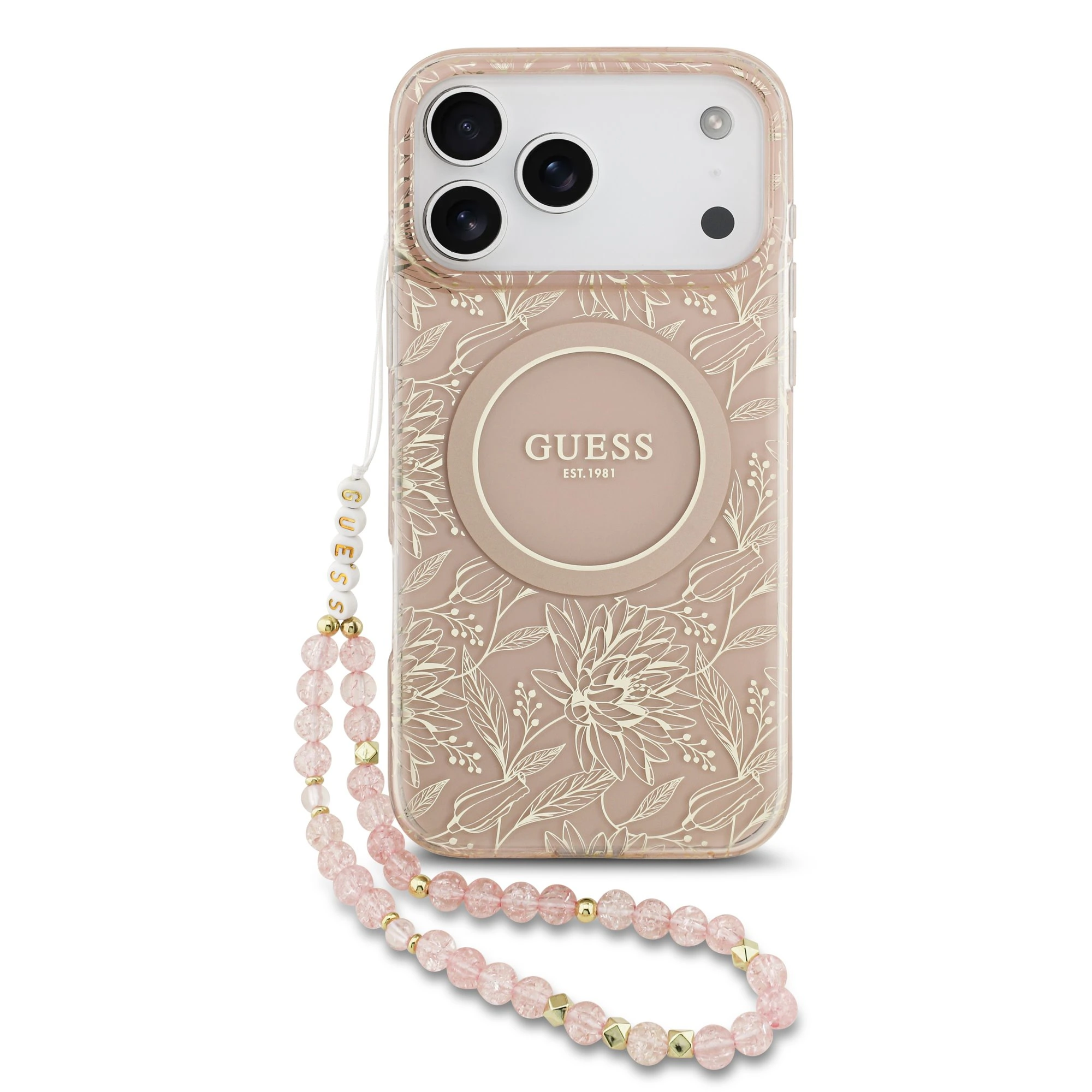 Guess IML Flowers Allover hoesje voor iPhone 17 Pro Max en iPhone 18 Pro Max met MagSafe en koord - Roze