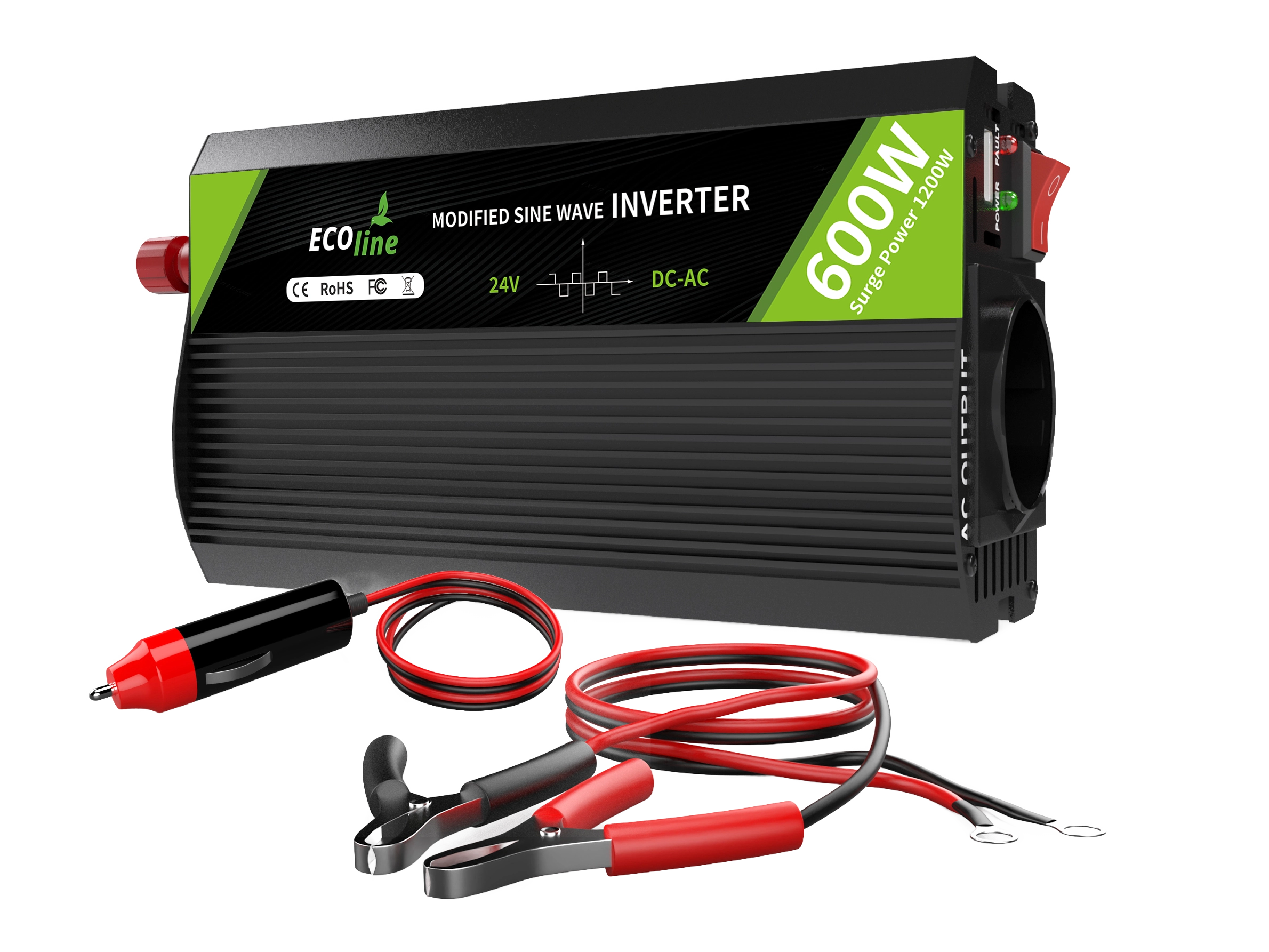 EcoLine - Omvormer 24V Naar 220V/230V sigarettenaansteker - 600w Vermogen 1200w piek - Gemodificeerde Sinus - Spanningomvormer - vrachtwagenlader - stopcontact