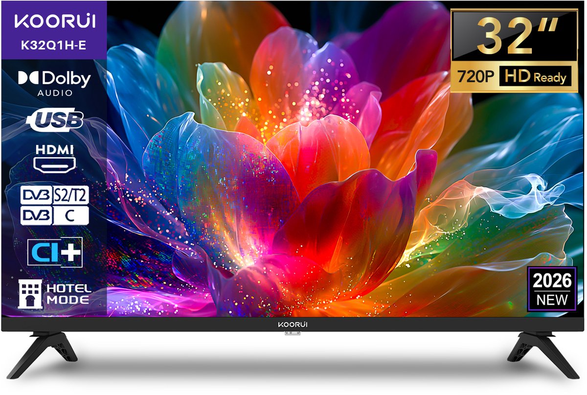 Koorui Standaard TV - LED HD - 32 inch/81 cm - Hotelmodus - HDMI x3, USB x2, CI+ - Tripple Tuner DVB-T/T2/S/S2/C - Frameless Design - Geassembleerd in Nederland - K32Q1H-E