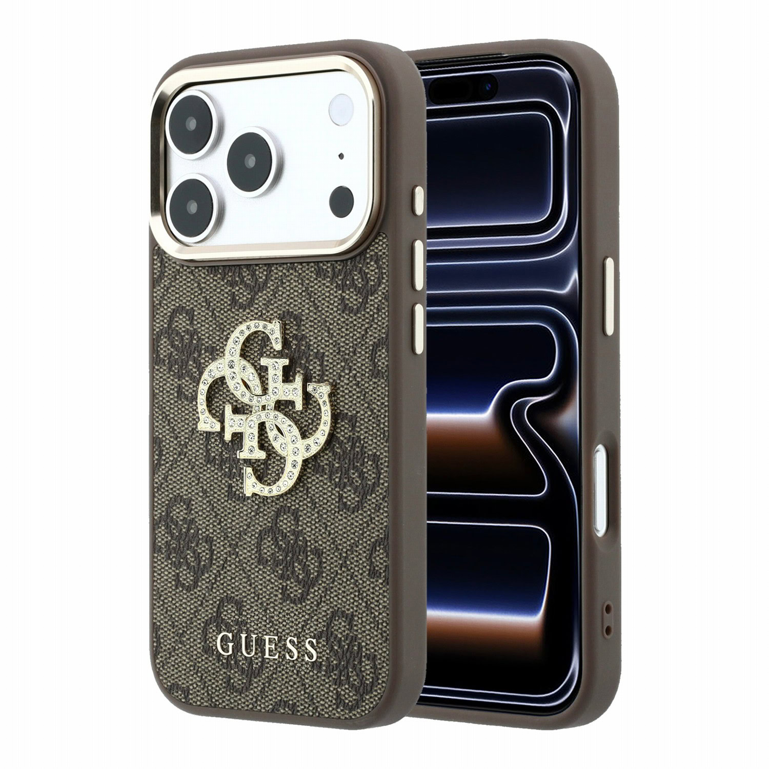 Guess PU 4G Strass Metal Logo hoesje voor iPhone 17 Pro en iPhone 18 Pro - Bruin