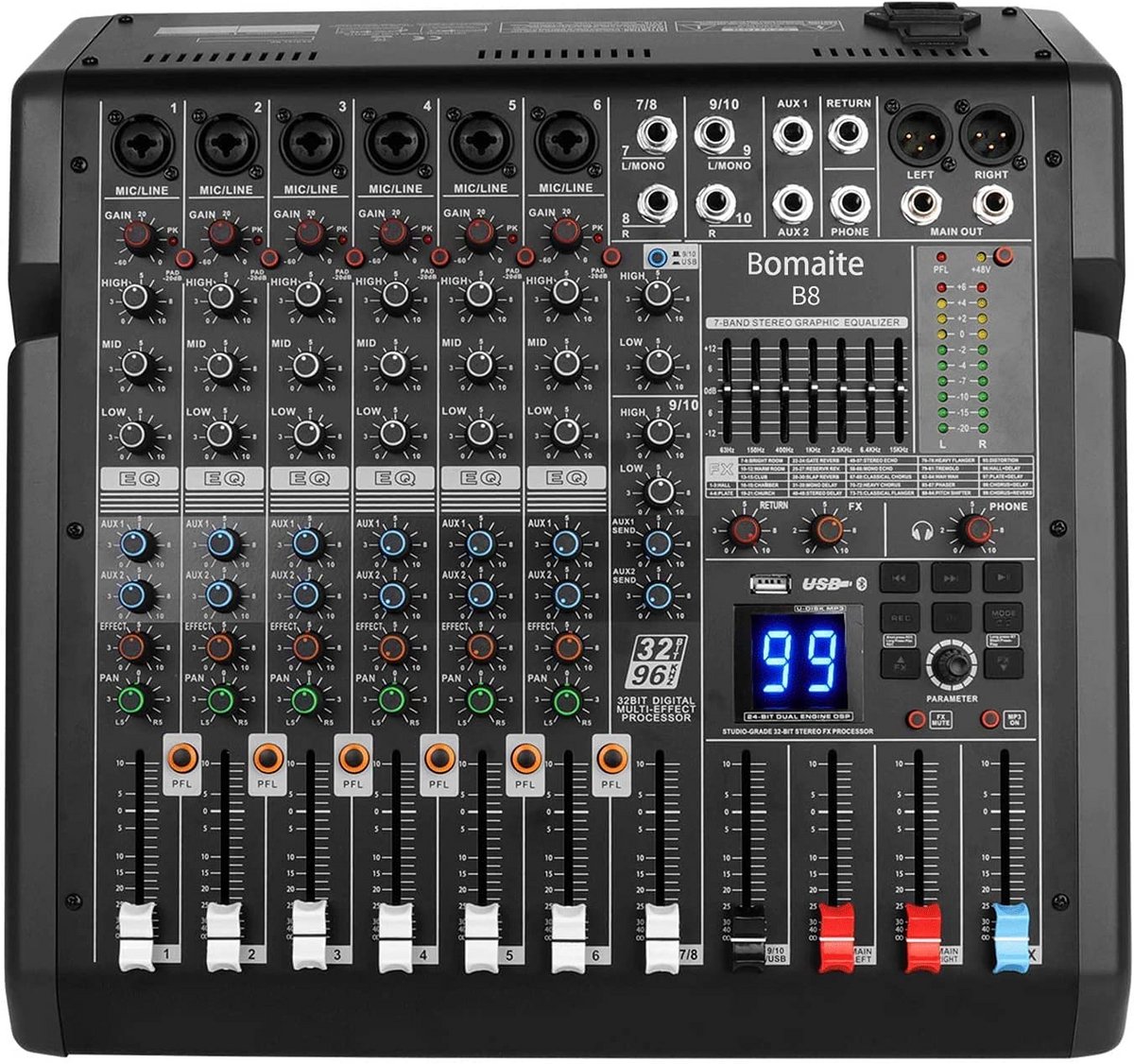 10-Kanaals Mixer 99 Effecten 7 Band EQ Bluetooth Studio Audio Mixer voor PC-opname-ingang, XLR microfoonaansluiting, 48V voeding, RCA-ingang/uitgang voor professionals en beginners-Bomaite B8, zwart