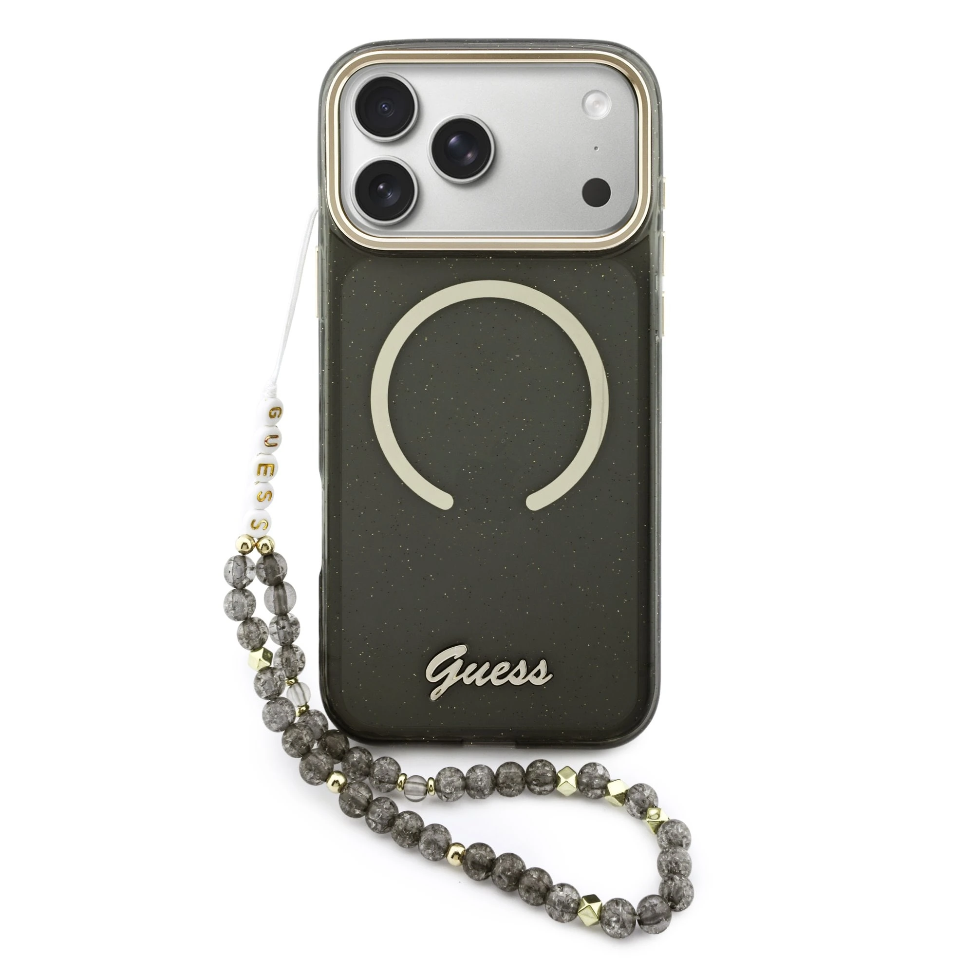 Guess IML Glitter Script Strap MagSafe hoesje voor iPhone 17 Pro Max en iPhone 18 Pro Max - zwart