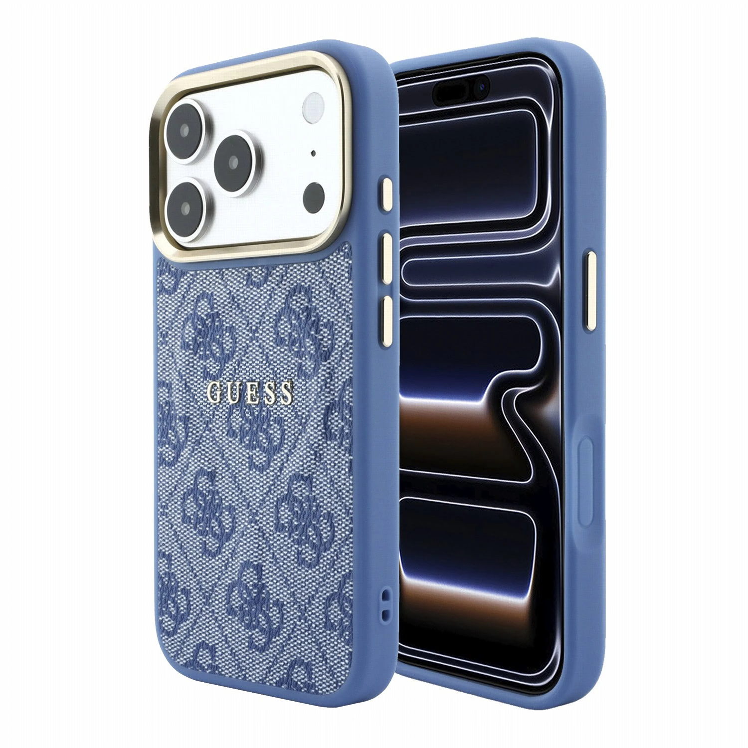 Guess PU Leather 4G Gold Frame Embossed MagSafe hoesje voor iPhone 17 Pro en iPhone 18 Pro - Blauw