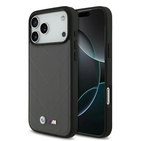 BMW iPhone 17 Pro Max Backcover hoesje - MagSafe - Quilted Leather Case With Metal Logo - Grijs