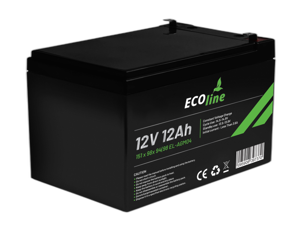 EcoLine - AGM 12V 12AH - 12000mAh VRLA Batterij - 151 x 98x 94(98) - Deep Cycle Accu