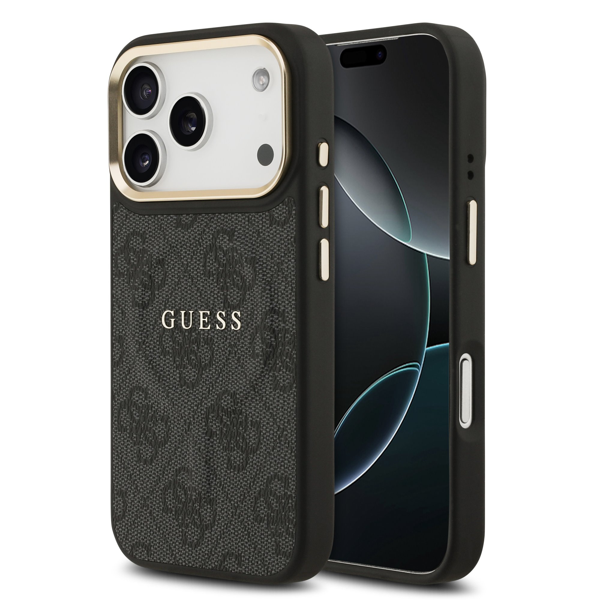 Guess PU Leather 4G Gold Frame MagSafe Hoesje iPhone 17 Pro / 18 Pro - Zwart