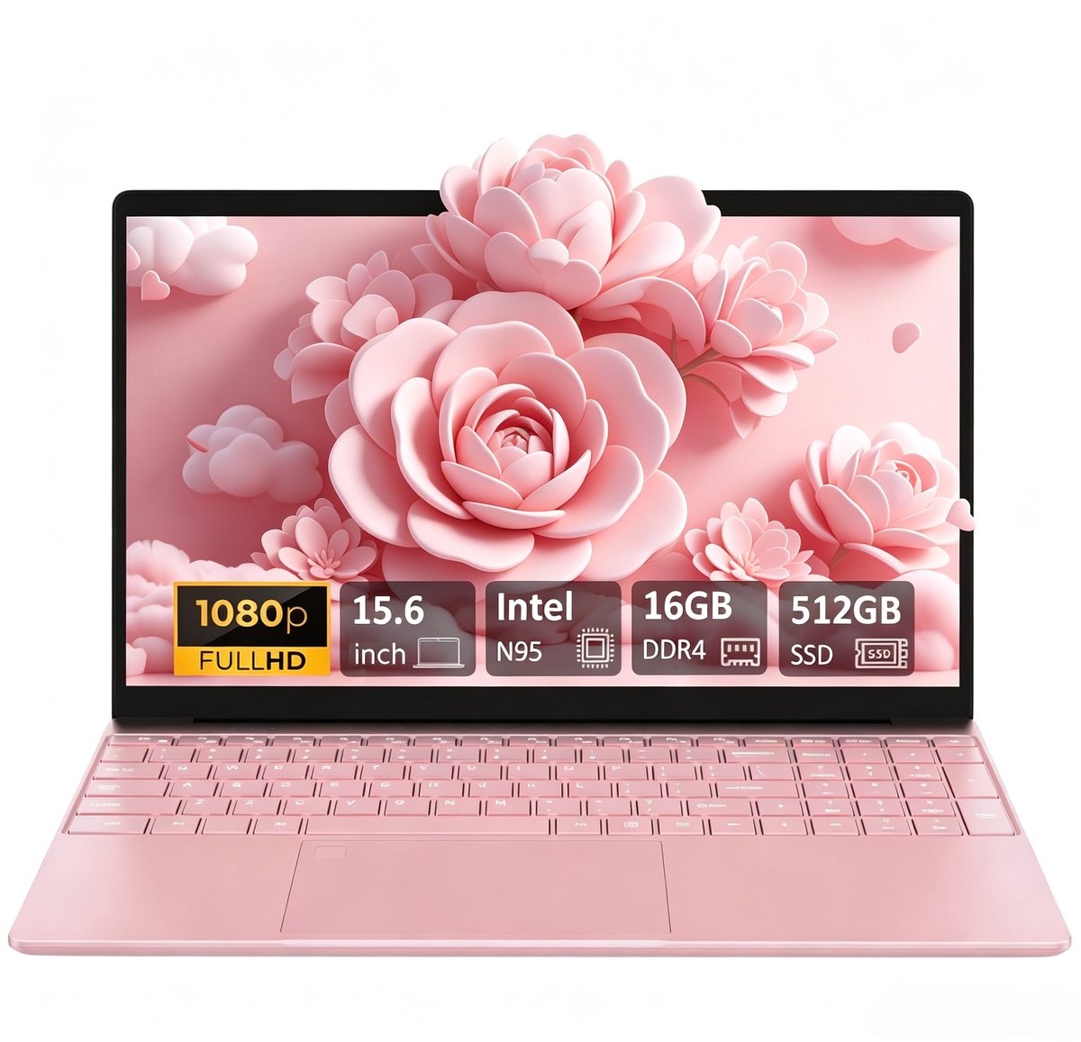 15,6 Inch Laptop T152A‑N95 - Intel Celeron N95 - 1920×1080 Full HD IPS‑scherm - 16GB DDR4‑512GB SSD - Windows 11 pro- Roze