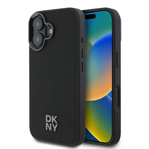 DKNY iPhone 16 Backcover hoesje PU Leather Stack Logo Magsafe Case - Zwart
