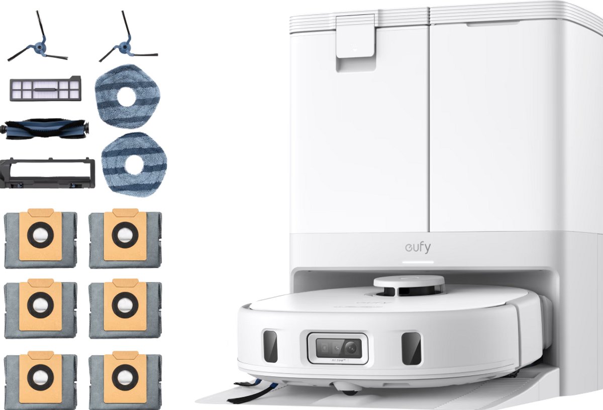 eufy X10 Pro Omni - Complete Robotstofzuiger wit - Met dweil en Vervangingssets - Robot Vacuum - Tapijt detectie - AI-obstakel vermijding- Wast en droogt de dweil- Automatisch legen en vullen