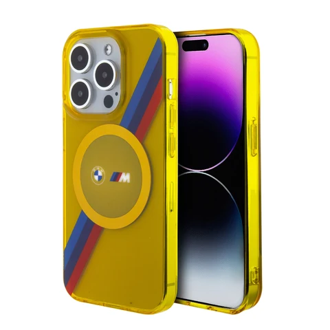 BMW iPhone 15 Pro Backcover hoesje - Magsafe - M Tricolor Stripes - Geel