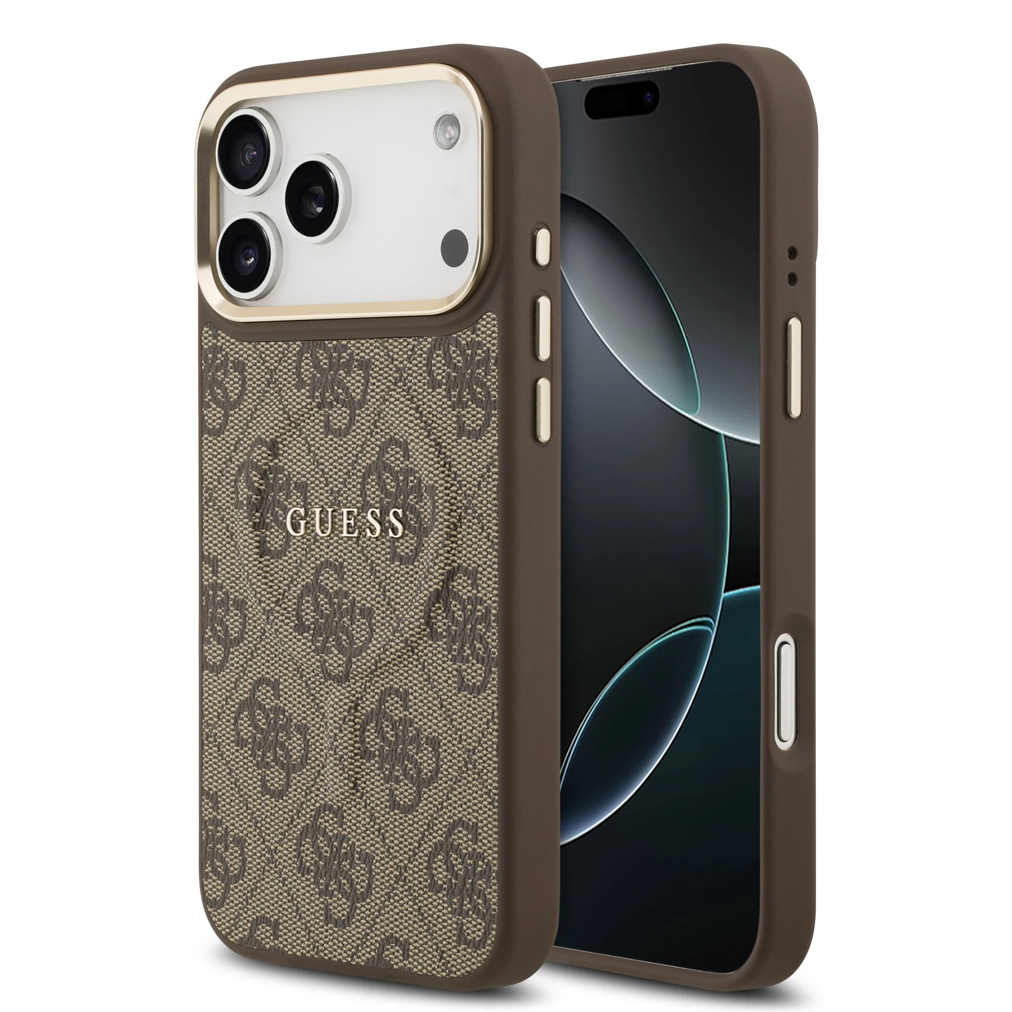 Guess PU Leather 4G Gold Frame MagSafe hoesje voor iPhone 17 Pro Max en iPhone 18 Pro Max - Bruin