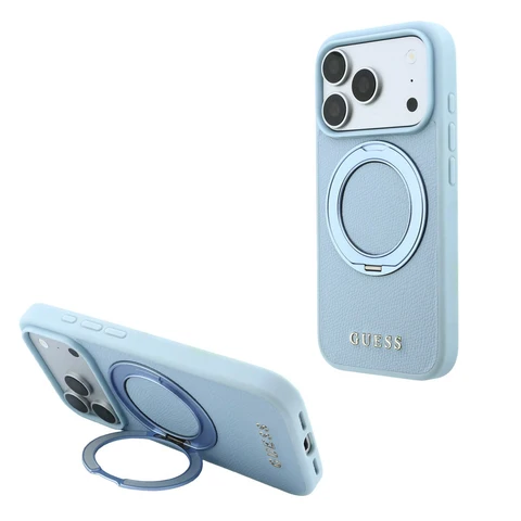 Guess iPhone 18 Pro / iPhone 17 Pro Hoesje MagSafe - generfd PU - harde behuizing - ringstandaard - klassiek logo Lichtblauw